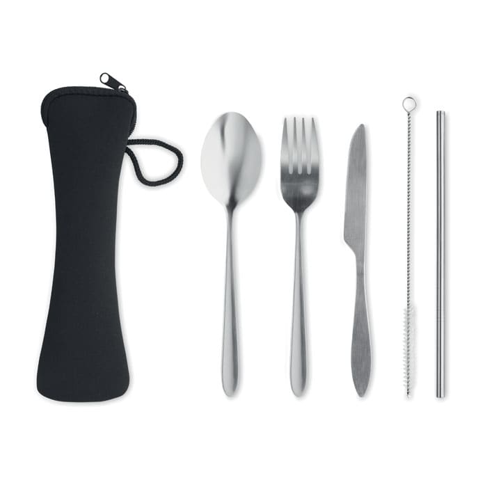 A travel utensil set featuring a spoon, fork, knife, straw, and cleaning brush, contained in a black pouch.