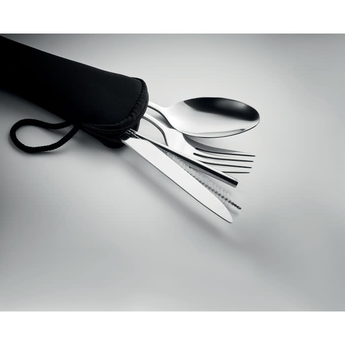 A portable cutlery set in a black pouch, featuring a spoon, knife, and fork.