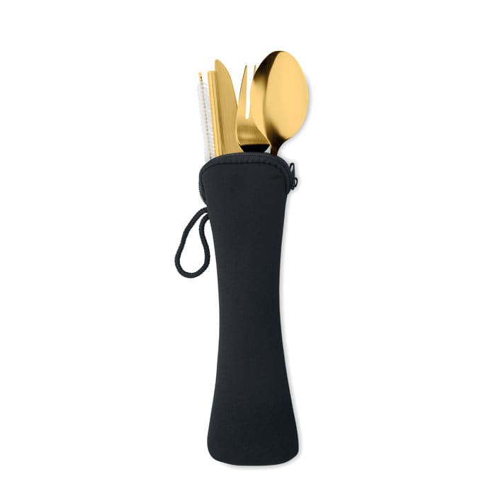 A cutlery set in a black case, featuring gold-finished knife, fork, and spoon. The case has a zip closure and a loop.