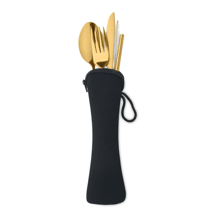 A black pouch containing gold utensils, including a fork, knife, and spoon. The pouch has a zip closure.