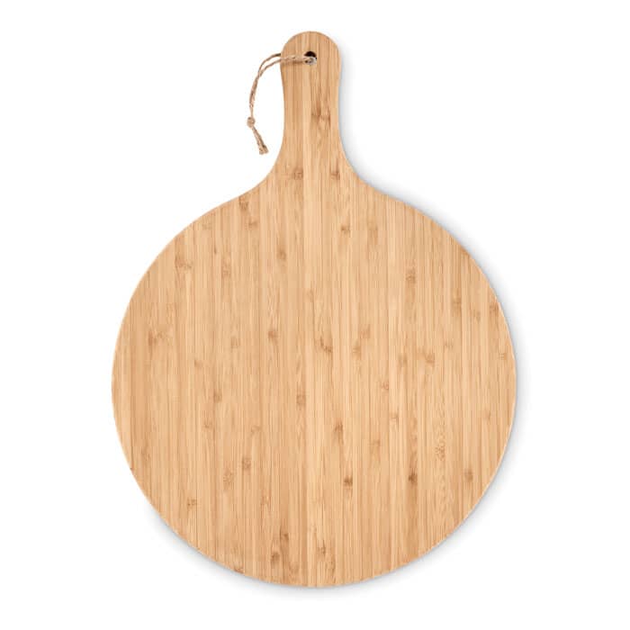 A round bamboo serving board featuring a handle and a twine loop for hanging.
