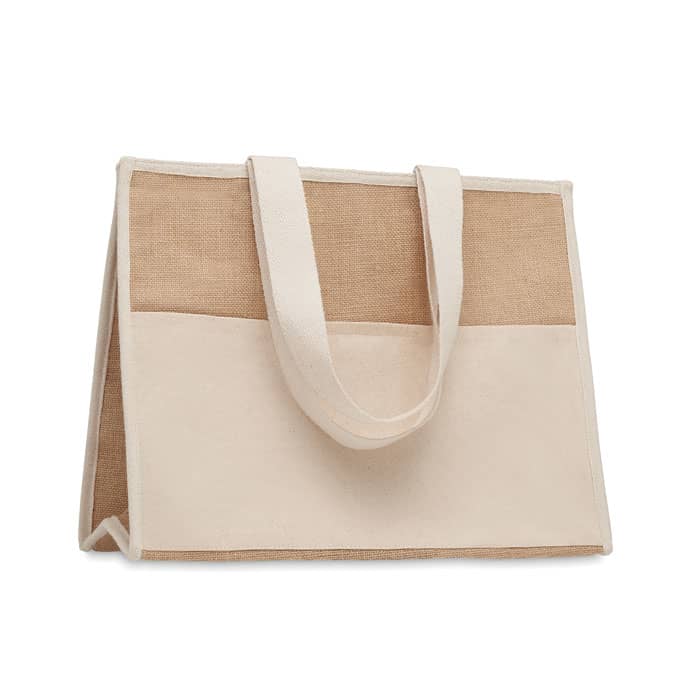 A tote bag with a cream and tan colour scheme, featuring sturdy handles and a structured design.