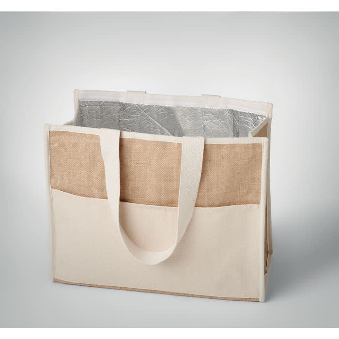 A tote bag featuring a natural linen exterior with a silver insulated interior and long handles for carrying.