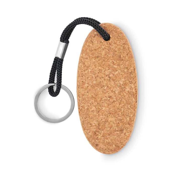 A cork keychain with a black strap and silver ring, featuring an oval shape.