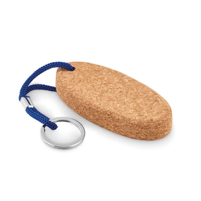 A keychain in a cork design with a blue cord attachment. It features a silver ring for keys.
