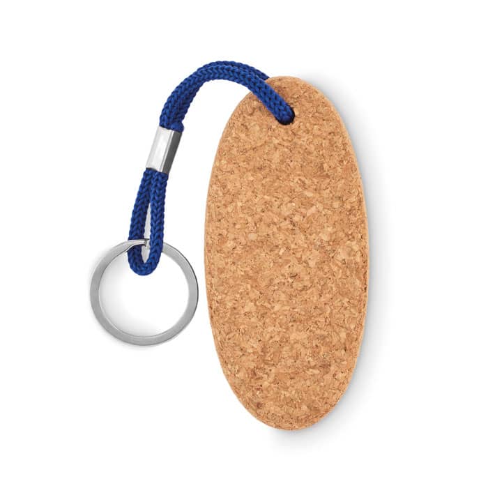 A cork keychain with a blue braided rope and metal ring, featuring a smooth oval design.