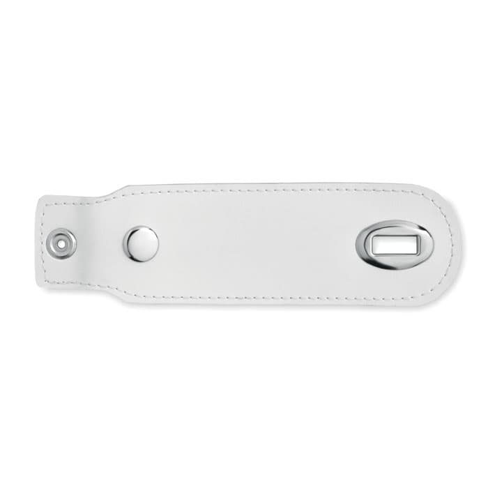 A white leather keychain strap with a snap button and a loop for attaching keys.