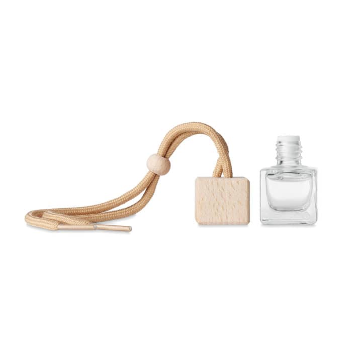 A clear glass bottle with a wooden wooden cap and a beige cord for hanging. The product has a natural, minimalist design.