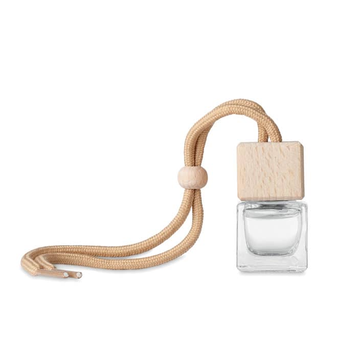 A clear glass car air freshener with a wooden cap and a tan cord for hanging.