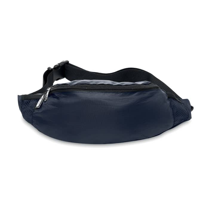 A navy blue waist bag with a zippered pocket and an adjustable strap. It features mesh sides for breathability.