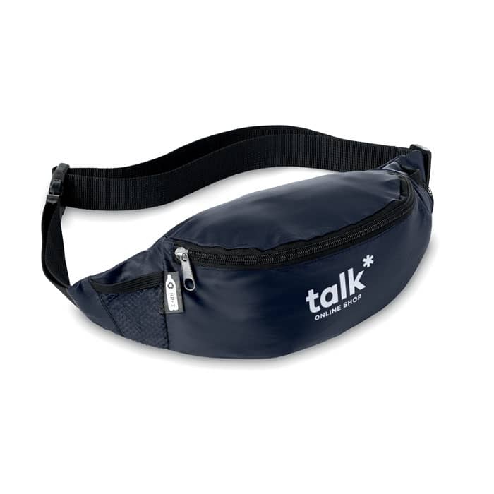 A navy fanny pack with a zippered front pocket and an adjustable strap, featuring a logo on the front.