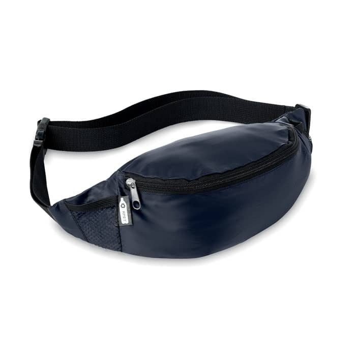 A navy blue waist bag featuring a zippered main compartment and an adjustable strap, complete with a branding logo.