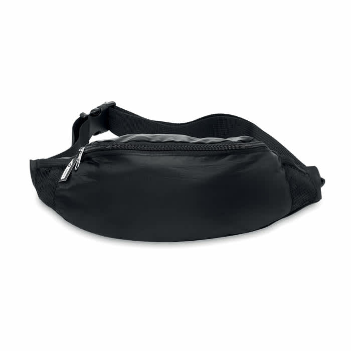 A black waist bag with a zipper compartment and an adjustable strap. It features a mesh panel for breathability.
