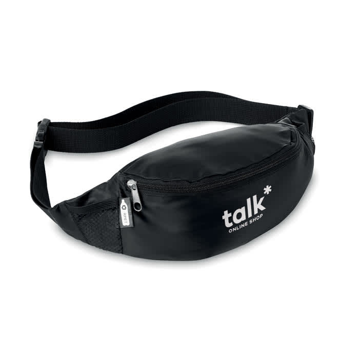 A black waist bag with a zippered compartment and a mesh side pouch, featuring a logo on the front.