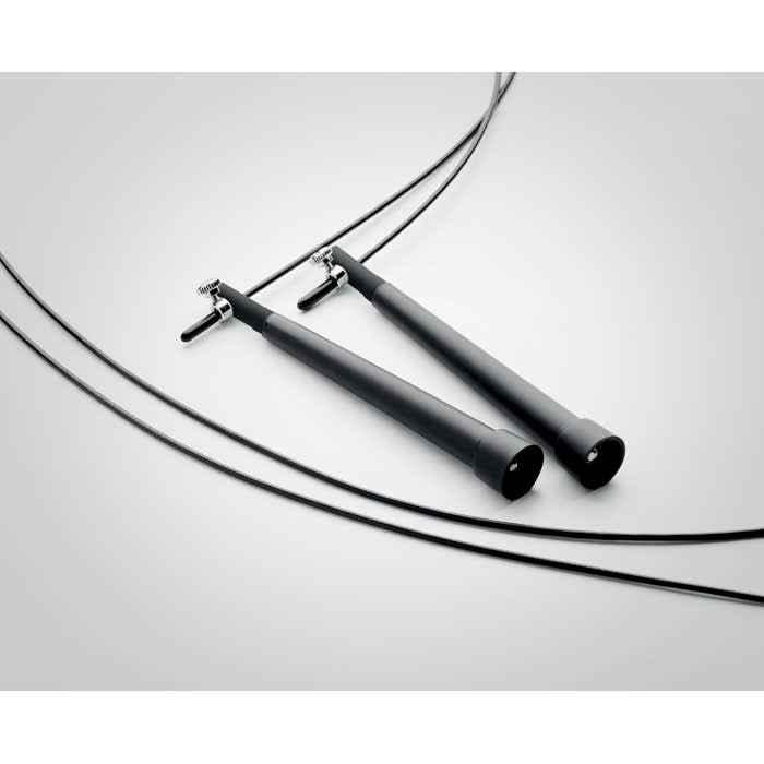 A black jump rope with sleek handles and long cables, featuring a simple design and no visible branding.