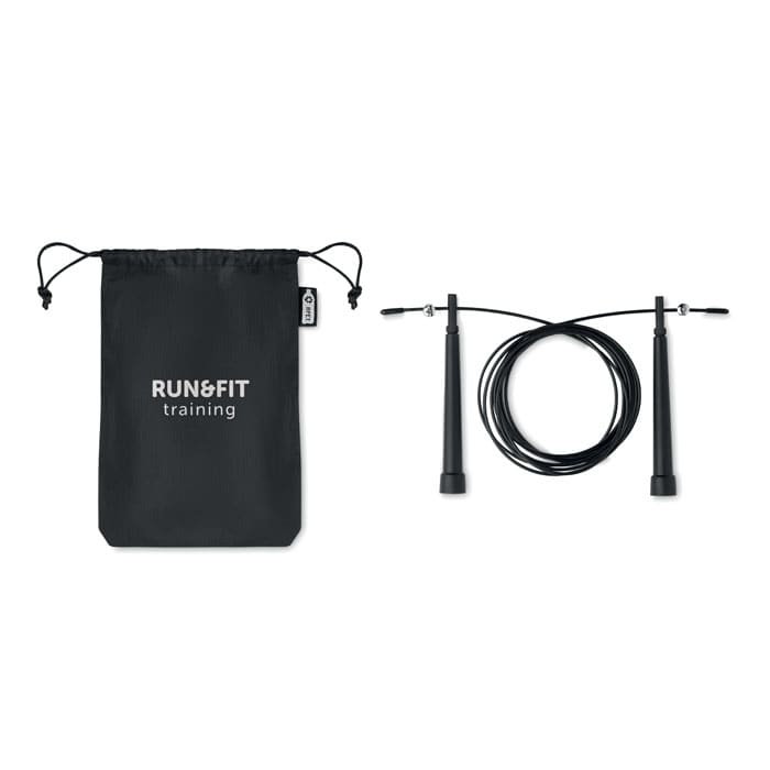 A jump rope with black handles and a black carry pouch featuring a logo.