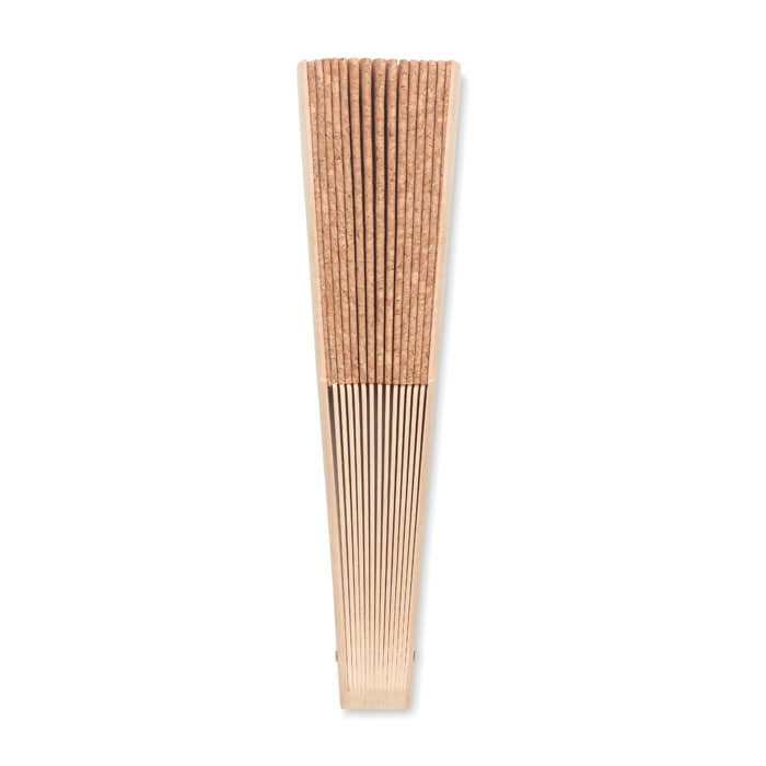 A drink bottle in a natural cork finish, featuring a sleek, vertical design with a tapered shape and a logo.