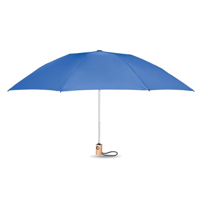 A blue umbrella with a wooden handle, featuring a metal frame. It has a round canopy design.