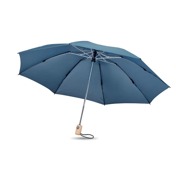 A large blue umbrella with a metal frame and a wooden handle, featuring a logo on the handle.