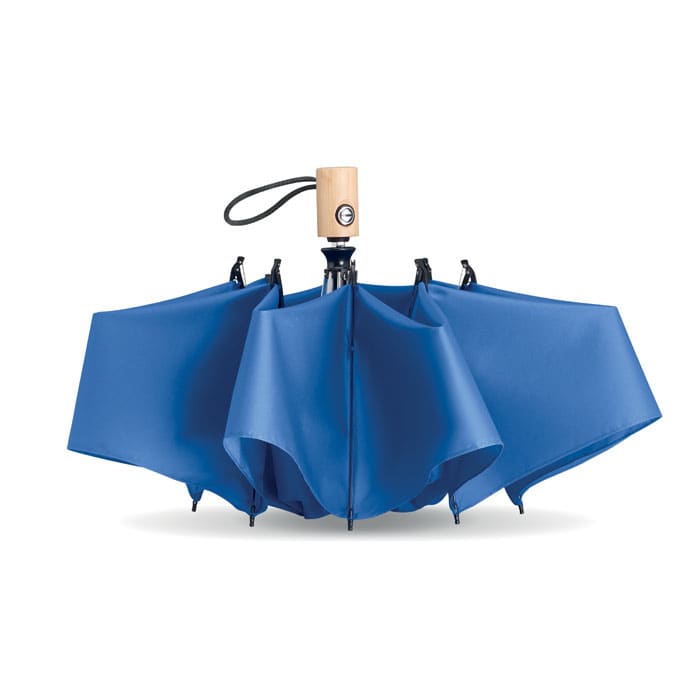 A blue umbrella with a wooden handle and a logo, featuring an inverted design for wind resistance.
