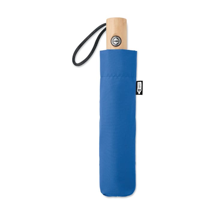 A blue umbrella with a wooden handle and a matching sleeve for storage. It features a logo on the handle.