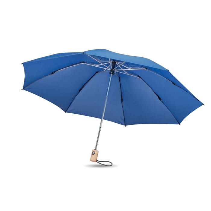 A blue umbrella with a metal frame and a wooden handle, featuring a logo on the handle.