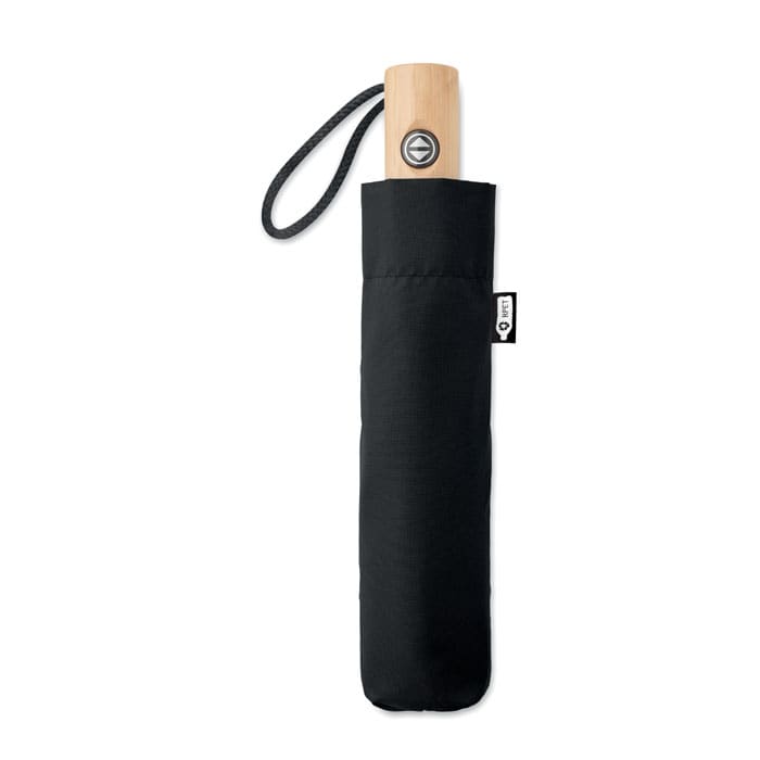 A black umbrella with a wooden handle, stored in a matching black sleeve. Features a logo on the handle.