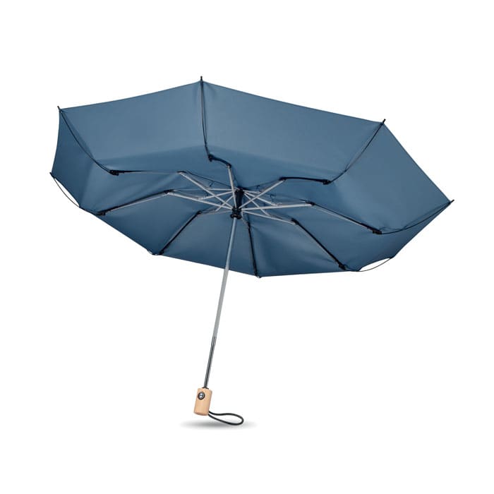 A blue umbrella with a wooden handle and a silver metal frame, featuring a logo on the handle.