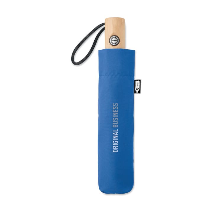 A blue umbrella with a wooden handle, stored in a matching protective sleeve, featuring a logo.
