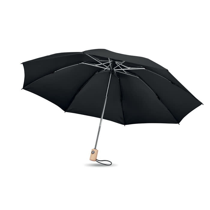 A black umbrella with a wooden handle and a silver frame, featuring multiple panels and a classic design.