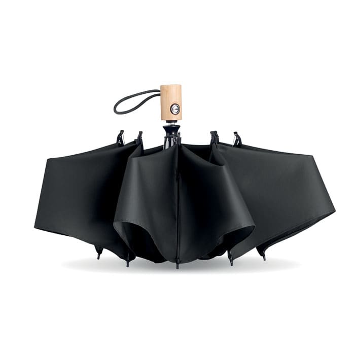 An umbrella with a wooden handle and a sleek black canopy, designed with a unique folding structure.