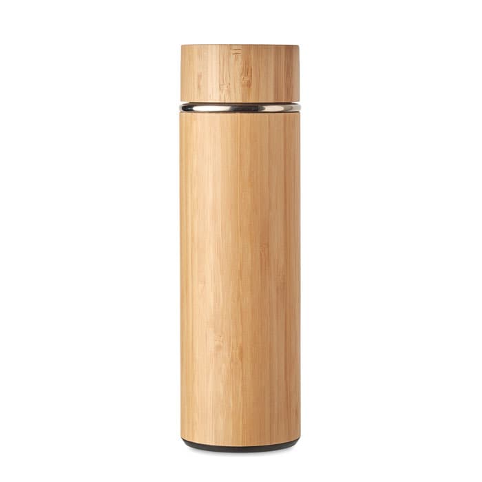 A drink bottle made of bamboo with a stainless steel inner lining and a sleek design. It features a logo on the surface.