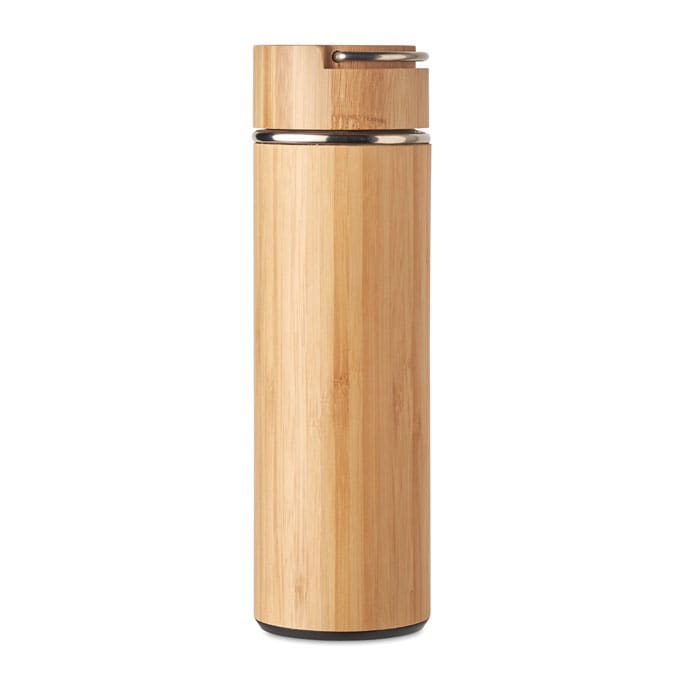 A drink bottle with a bamboo finish and a stainless steel cap, featuring a simple design.