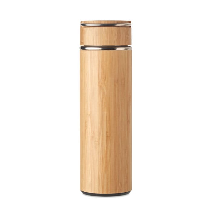 A drink bottle featuring a bamboo finish with a sleek design and a metallic cap. It includes a logo.