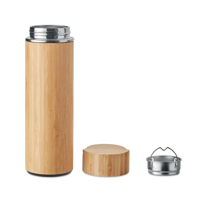 A drink bottle with a bamboo exterior, featuring a stainless steel lid and a separate cup.