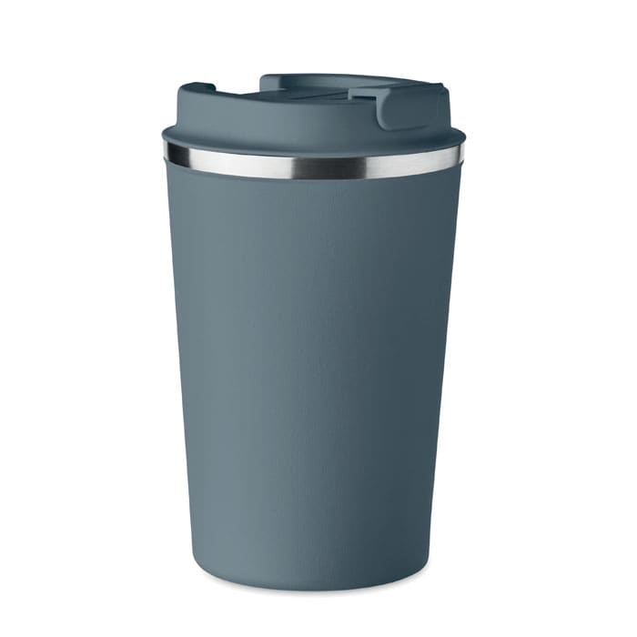 A drink bottle in a dark teal colour with a silver band around the top and a plastic lid. It has a logo on the side.