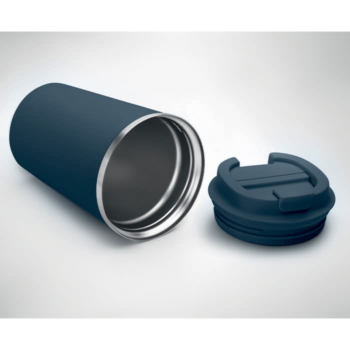 A drink bottle in navy blue with a stainless steel interior and a grey lid resting beside it.