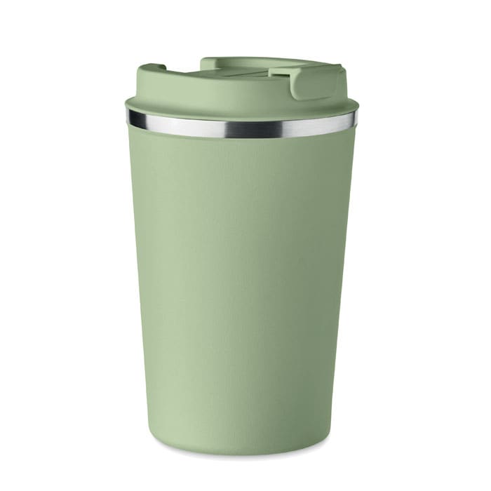 A drink bottle in a soft green hue with a silver band around the top and a lid. Features a logo.