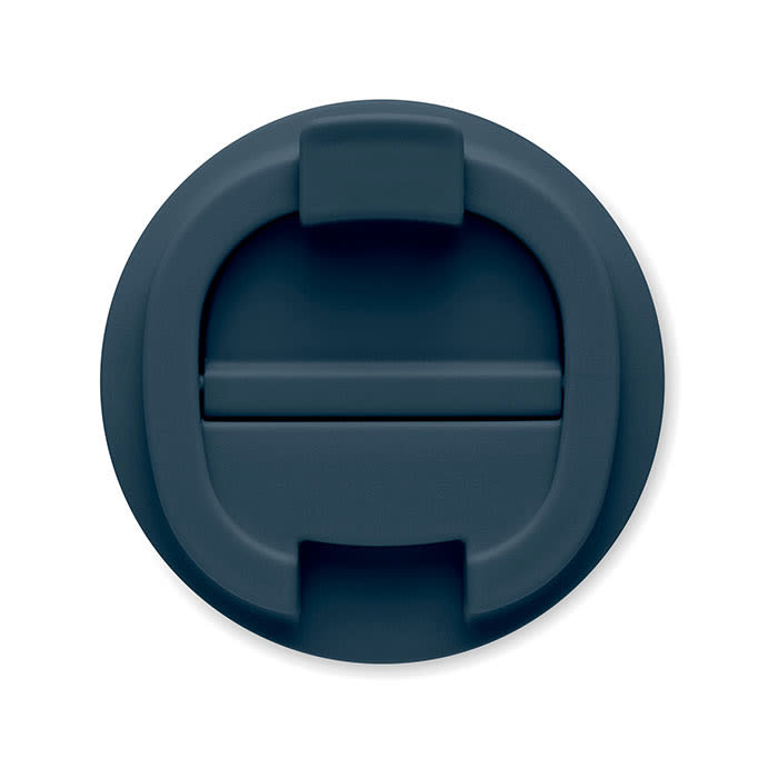 A navy drink bottle cap with a streamlined design and a logo on its surface.