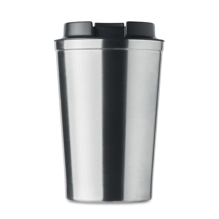 A stainless steel drink bottle with a black lid and a smooth, shiny surface. It features a logo on the front.