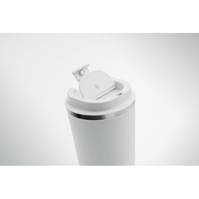 A drink bottle in white with a silver band at the top and a flip-open lid. It features a logo.