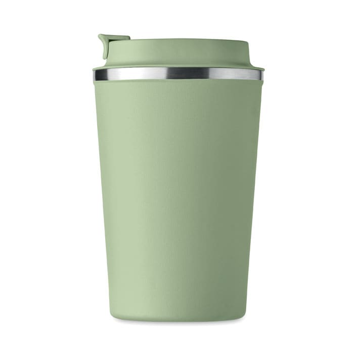 A drink bottle in a soft green colour with a stainless steel band and a lid. It features a sleek, minimalist design.