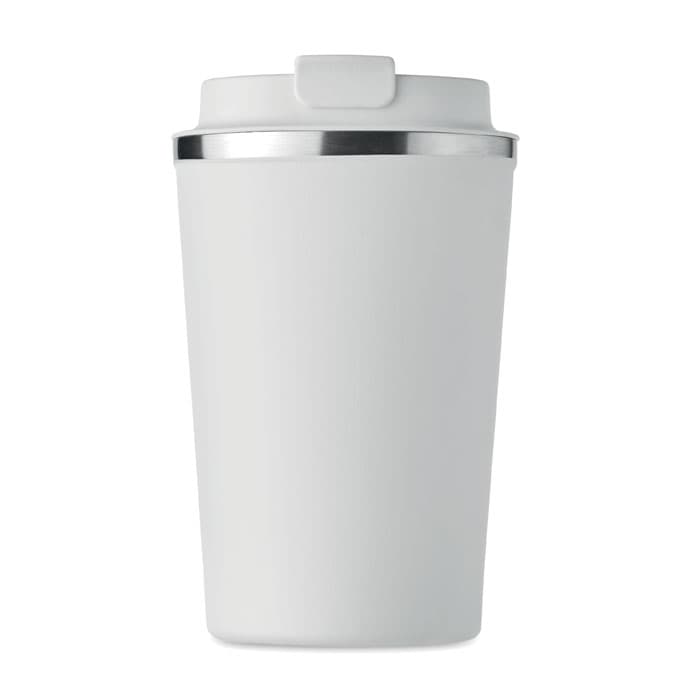 A white drink bottle with a silver band around the lid and a logo on the front.