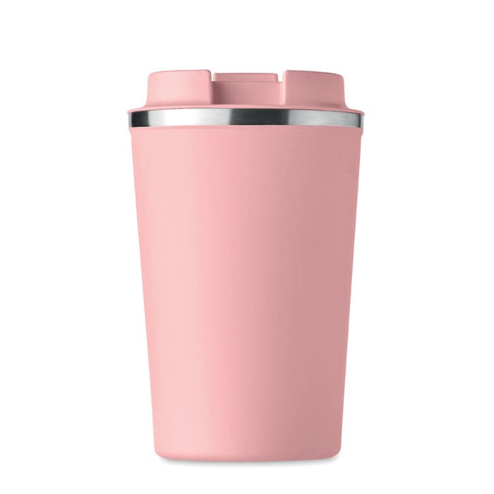 A pink drink bottle with a stainless steel lid and a smooth matte finish. Features a logo on the front.