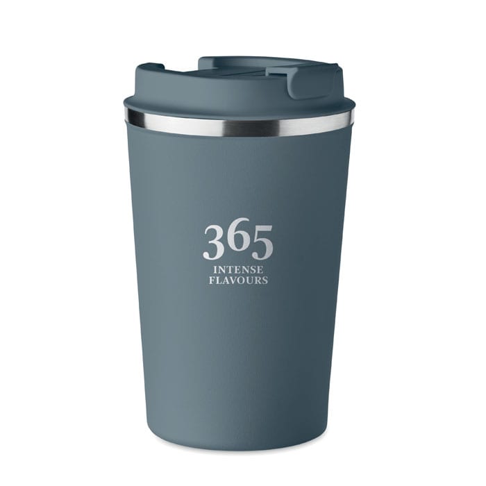 A drink bottle in navy blue with a silver band at the top and a lid. Features a simple, elegant design.
