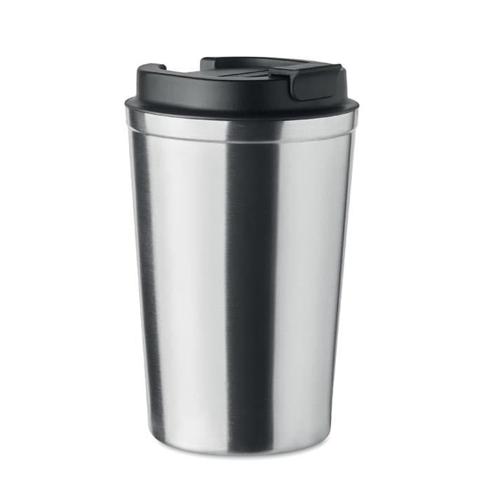 A stainless steel drink bottle with a black lid and a smooth metallic finish, featuring a logo.
