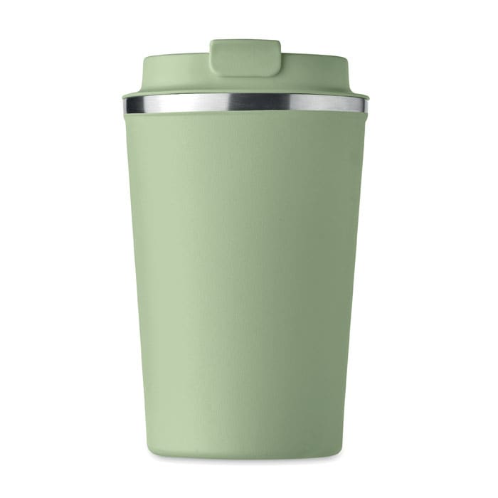 A drink bottle in a soft green colour with a silver lid and a smooth matte finish. It has a logo on the side.
