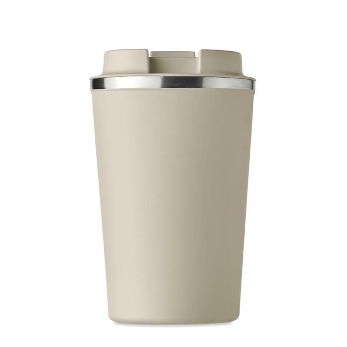 A drink bottle in a beige colour with a silver band around the top and a logo on the side.