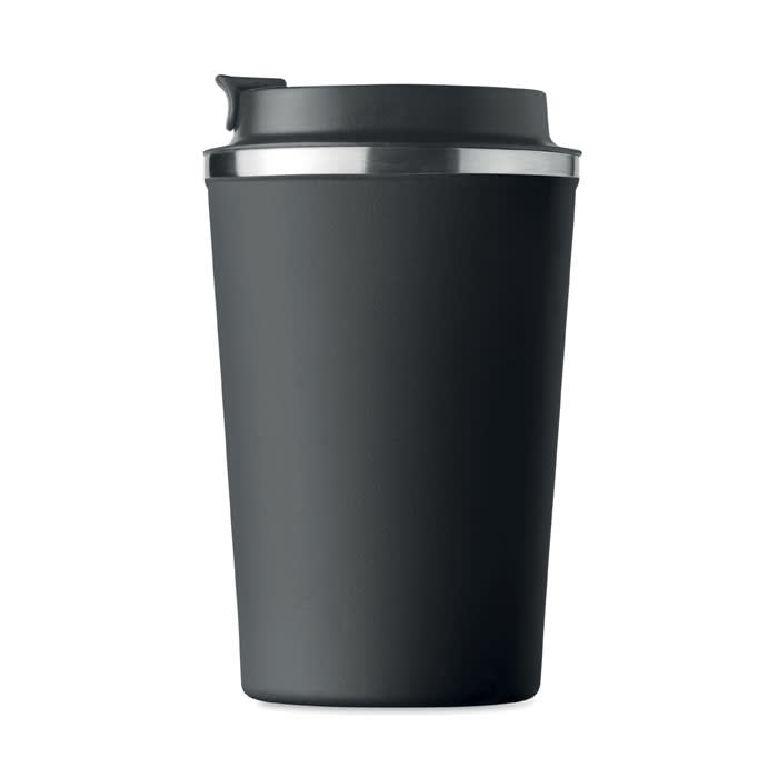 A black drink bottle with a stainless steel lid and a sleek, matte finish. Features a logo.