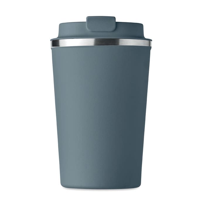 A drink bottle in a dark blue shade with a silver rim and a lid, featuring a smooth matte finish.